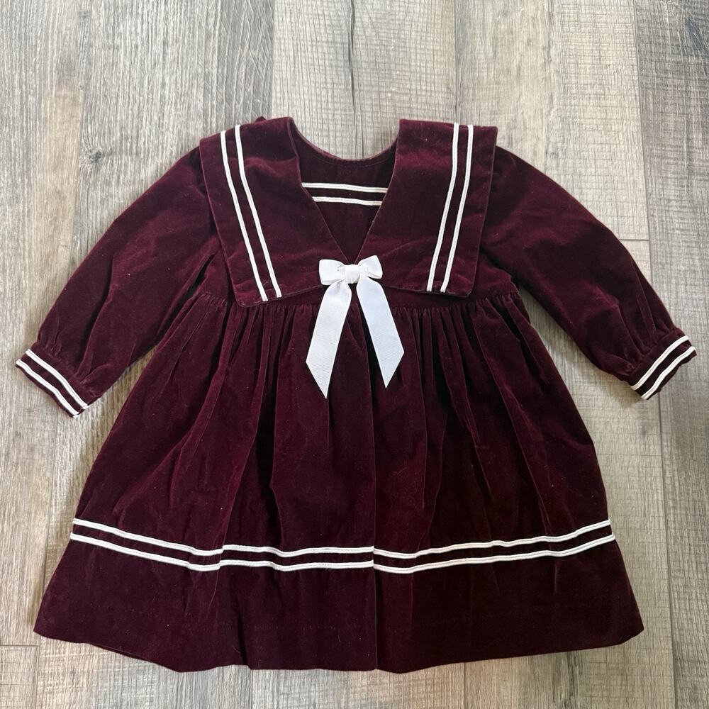 Vtg Danielle Renee Burgundy Velvet Sailor Dress 24 Months Girls Maroon White